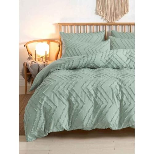 NANKO Sage Green Duvet Cover King Size, 3pc Boho Tufted Microfiber Bedding Comforter Cover Set, All Season Aesthetic Shabby Chic Soft Embroidery Textured Geometric Quilt Cover (104x90)