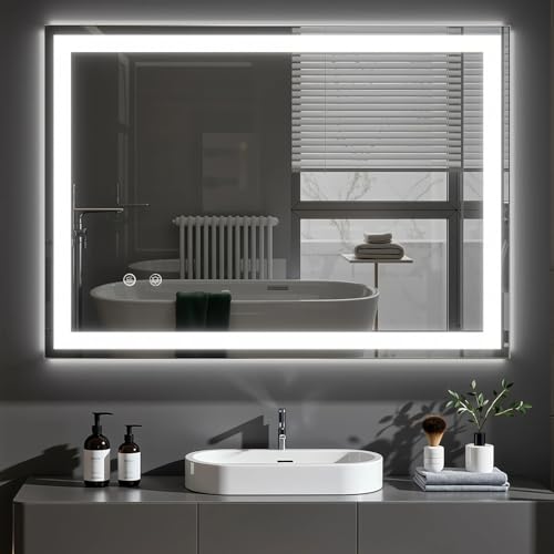 Clevich Bathroom Mirror with LED Lights 50x70/60x80/60x100cm, Anti-Fog, Wall Mounted Vanity Mirror with Memory, 3 Colour Dimmable, Touch Control, Explosion-Proof Glass, IP44 Waterproof (50L x 70W cm)