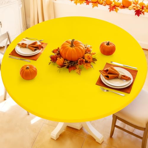 "Moosfor Spandex Round Tablecloth, Fitted Table Cloth for 42""-50"" Tables - Elastic Outdoor Picnic Table Cover, Circle Stretch Waterproof Table cloths for Patio, Dining, Kitchen, Yellow"