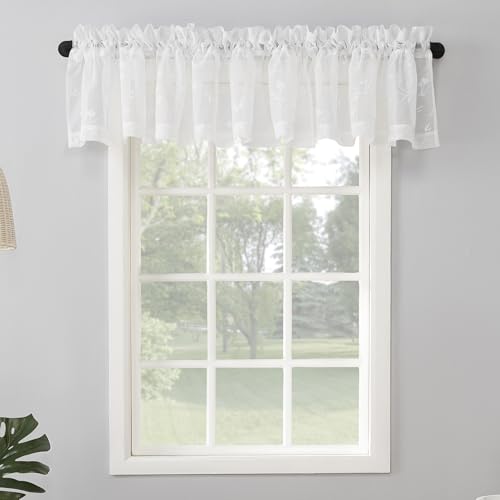 "No. 918 Delia Embroidered Floral Sheer Rod Pocket Curtain Valance, 50"" x 17"", Ivory Off-White"