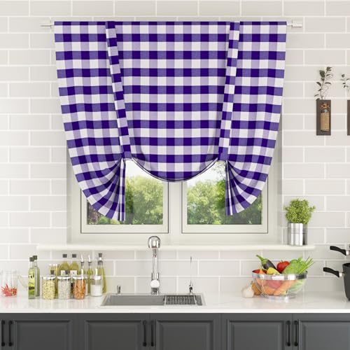 NATUS WEAVER Tie Up Curtain for Kitchen Window Buffalo Check Adjustable Tie Up Shades Plaid Gingham Farmhouse Rod Pocket for Bathroom, 42 x 54 Inches, 1 Panel Purple and White