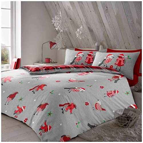 GC GAVENO CAVAILIA Thermal Flannelette Duvet Set, Reversible Brushed Cotton Bedding, Soft Quilt Cover, Grey/Red, Double
