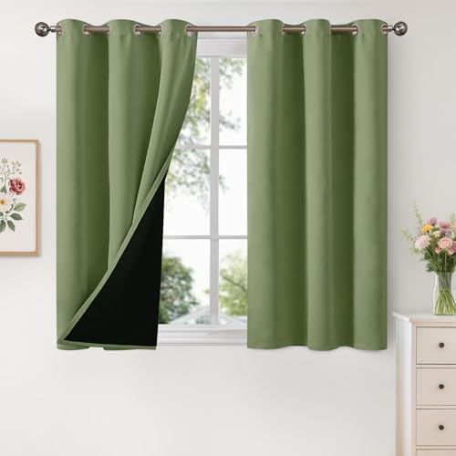 YoungsTex 100% Blackout Curtains 45 Inch Long for Short Window, 2 Thick Layer Full Light Blocking Thermal Insulated Drapes with Liner for Bedroom, Olive Green, 2 Panels, 42 X 45 Inch