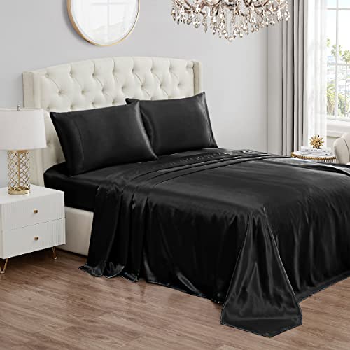Juicy Couture Twin Size Satin Bed Sheet Set, Deep Pocket Silky Satin Twin Sheet Set with 1 Fitted Sheet, 1 Flat Sheet and 1 Pillow Case, Wrinkle Resistant and Anti Pilling Satin Bed Sheets - Black