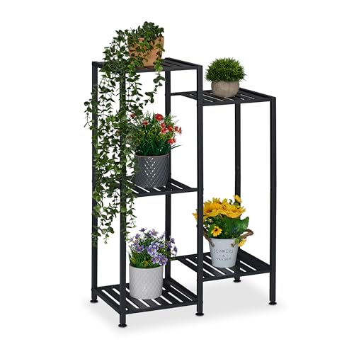 Relaxdays Plant Stand, 5 Tiers, Metal, Shelves for Flower Pots & Herbs, Houseplant Rack, HWD: 81 x 55 x 28.5 cm, Black