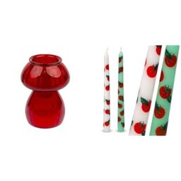 Mushroom Red Glass Candle Holder & Tomato Tapered Dinner Candles Bundle