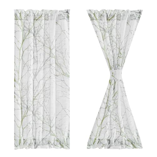 FMFUNCTEX Sheer French Door Curtains 40 Inch Long Green White Semi-Sheer Patio Half Door Panel Branch Tree Print Curtains with 1 Tieback 50 Inch Wide 1 Panel