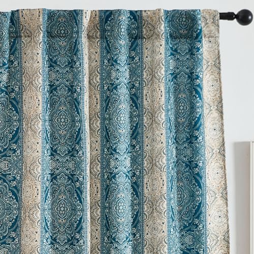 HLC.ME William Boho Damask Striped Patterned Window Back Tab Rod Pocket Print Curtains Bedroom - Light Blocking Darkening Window Panels, Set of 2 (Teal Blue, 52 W x 96 L)