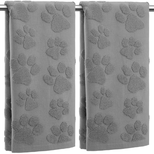 SmoothNovelty 2 Pcs Dog Paw Jacquard Hand Towels for Bathroom Dark Gray Hand Towels 100% Cotton Absorbent Decorative Weave Neutral Bathroom Decor, 13.7 x 29.5 Inch