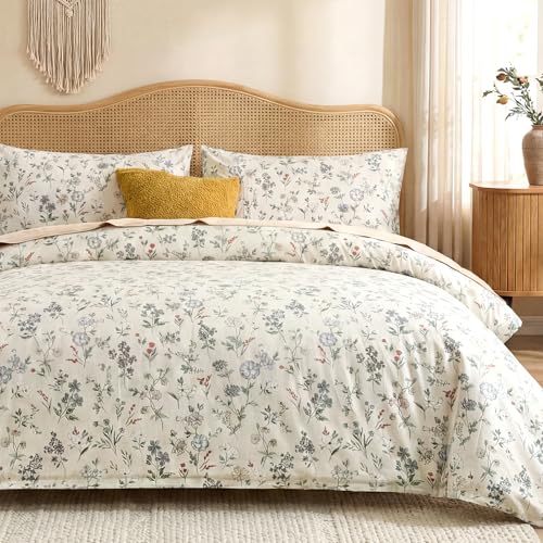 Cozaline Floral Comforter Set King Size Green Floral Bedding Set 3 Pieces 100% Cotton Farmhouse Botanical Bedding Breathable Soft Reversible Comforter for All Seasons