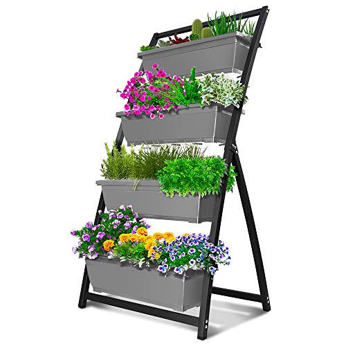 CAIKEZI 4-Ft Vertical Garden Planter for Outdoor and Indoor Plants - Elevated Planter with 4 Rectangular Plastic Planter Boxes for Patio and Balcony (1-Pack/Granite Grey)