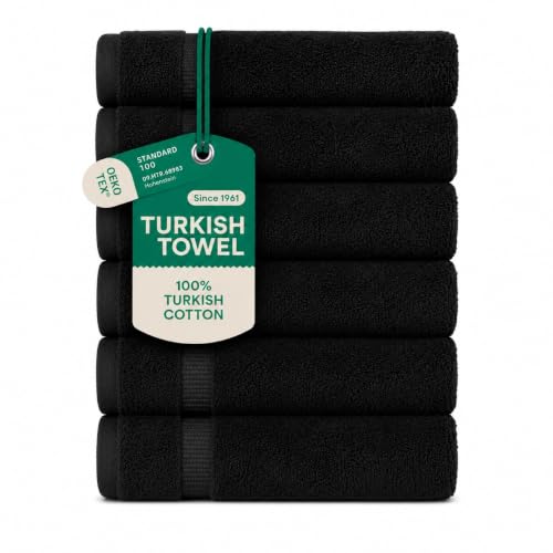 SALBAKOS 100% Turkish Cotton Hand Towel Set of 6 16x30 inch - Heirloom Quality - Hotel & Spa Collection - Ultra Soft, Super Absorbent, Long Lasting Hand Towels - Made in Turkey (Black, 6 Hand Towels)
