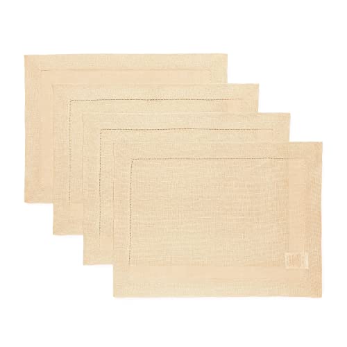 Solino Home 100% Pure Linen Placemats Beige Hemstitch, 14 x 19 in, Set of 4 - for kitchen, dinner, table setting, Classic Hemstitch, gifting, OEKO-TEX Certified - Fall, Halloween, Thanksgiving, Christmas