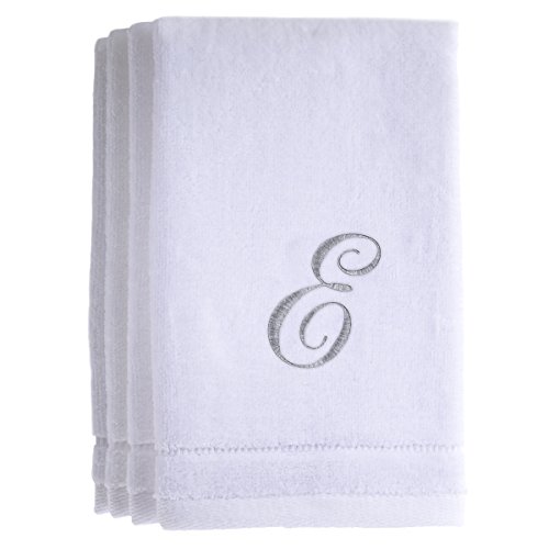 Monogrammed Towels Fingertip, Personalized Gift, 11 x 18 Inches - Set of 4- Silver Embroidered Towel - Extra Absorbent 100% Cotton- Soft Velour Finish - For Bathroom/Kitchen/Spa- Initial E (White)