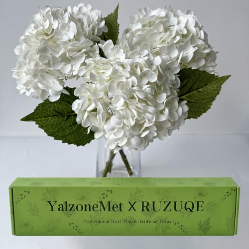 YalzoneMet 3PCS White Hydrangea Artificial Flowers 21inchs Real Touch Faux Hydrangea Flowers for Wedding Tables Centerpieces Fake Flowers for Party Home Kitchen Decor