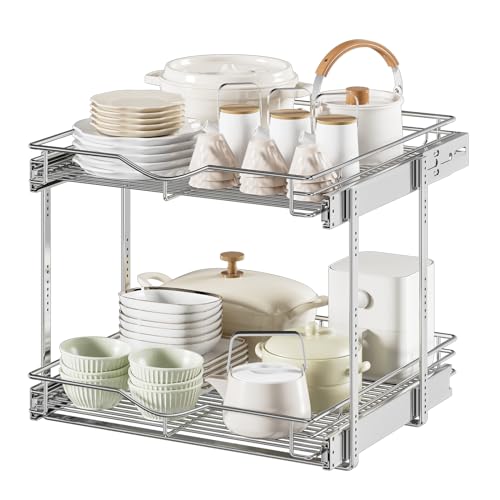 "DINDON Pull Out Cabinet Organizer (22-1/2"" W x 21-1/2""D), Cabinet Pull Out Shelves, 2 Tier Pull Out Drawers for Kitchen Cabinets, Wire Basket Slide Out Shelf, Pot and Pan Organizer"