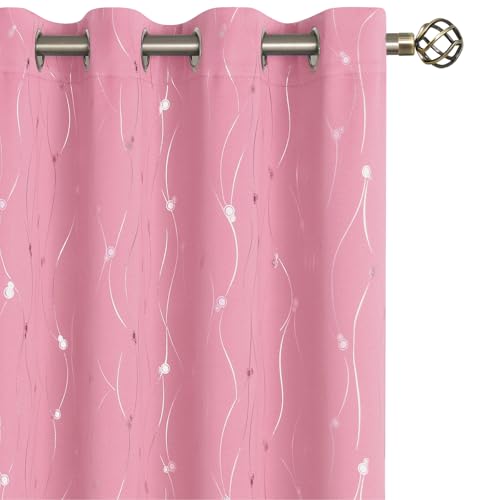 BGment Pink Blackout Curtains 63 Inch Length 2 Panels Set, Grommet Thermal Insulated Blackout Curtains with Wave Line and Dots Printed for Bedroom, Each 52 x 63 Inch