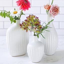 Textured Ceramic Minimalist White Vases (Set of 3) - Boho Vases for Pampas Grass, Eucalyptus, Dry Flowers & Plants - Shelf Decoration, Mantel Decor, Table Centerpiece