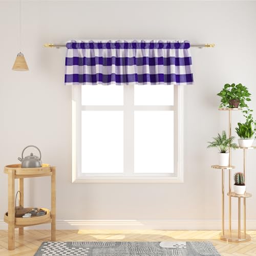 Natus Weaver Window Curtain Valances 18 inches Long Living Room Bedroom Kitchen 1 Panel Buffalo Check Small Short Mini Valance Curtain Topper Rod Pocket Classic Country Farmhouse - Purple & White