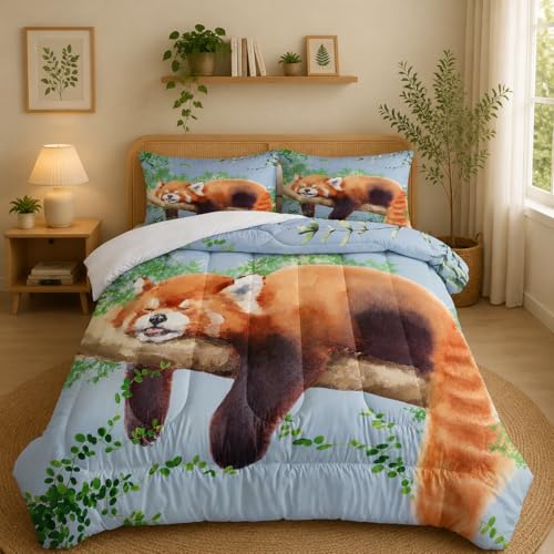 Nttopship Cute Aniaml Comforter Set Twin Size, Red Panda Soft Bedding Set for Boys Girls Teens Adult, Red Panda Leaves Print Comforter Set Animal Funny Kawaii Bedroom Comforter with 2 Pillowcases