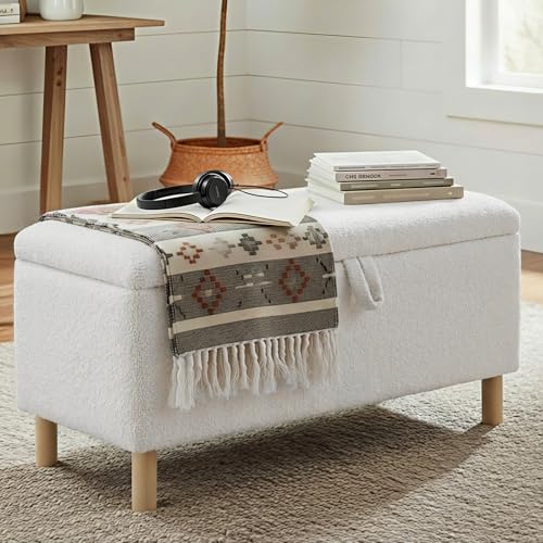 COLAMY Large Ottoman Storage Box for 80L, Wooden Ottoman Storage Bench with Anti-Slip Pads and Lift-Up Lid, Foot Stool for Living Room, Bedroom, Entryway, Boucle Fabric Footstool with Storage, White