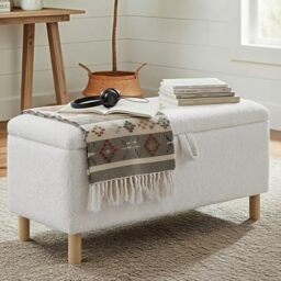 COLAMY Large Ottoman Storage Box for 80L, Wooden Ottoman Storage Bench with Anti-Slip Pads and Lift-Up Lid, Foot Stool for Living Room, Bedroom, Entryway, Boucle Fabric Footstool with Storage, White