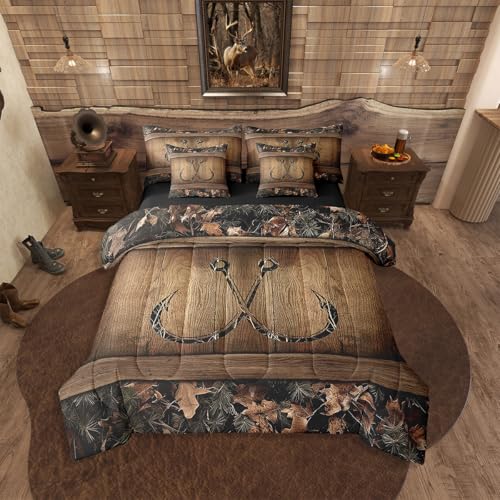 Erosebridal 7 Piece Rustic Lake Cabin Comforter Set with Sheets Farmhouse Fishing Bedding Set Full Tree Branches Camo Fish Hook Bed in A Bag for Kids Boys Teen Men Country Camouflage Bed Set