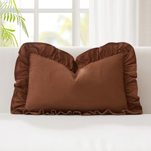 Kevin Textile 12x24 Inch Long Lumbar Pillow Cover 1 Pack 100% Cotton Lace Ruffles Scalloped Decorative Rectangle Cushion Case Soft Pillow for Bedding Couch Sofa, Brown