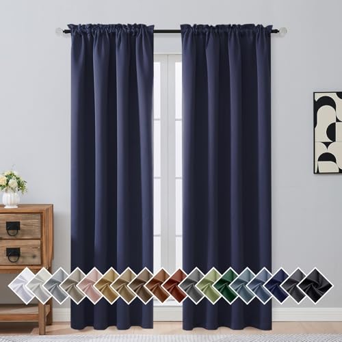 OVZME Navy Blue Blackout Curtains for Bedroom 84 Inch Length 2 Panels, Soft Fabric Room Darkening Curtains for Living Room, Dual Rod Pocket Design Modern Window Treatment Drapes, 2x40Wx84L Inches