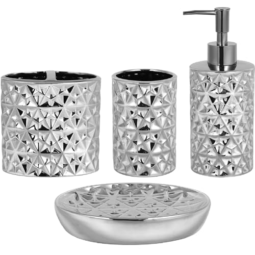 Silver Bathroom Accessories Set, 4 Piece Ceramic Bath Accessory Sets Complete, Diamond Soap Dispenser and Silver Toothbrush Holder Set for Bathroom Counter Sink, Farm Modern Bathroom Decor