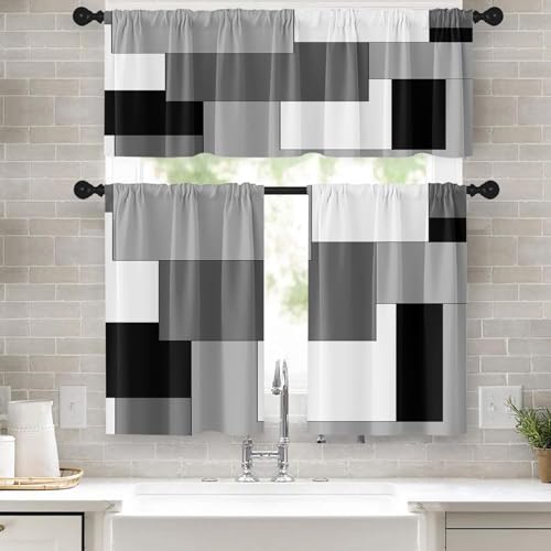 "Tayney Black Grey Kitchen Window Curtains Valance and Tier Set, Dark Grey White Modern Rod Pocket Short Tier Curtain, Abstract Small Cafe Drapes for Kitchen Decor 52"" x 24"""