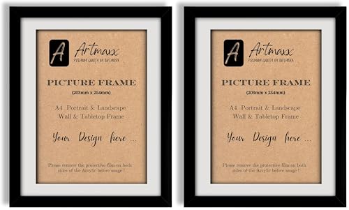 Artmaxx 8x10 Black Photo Frame, for Table Top or Wall Mount, Transparent, Non-breaking Acrylic Glass Front, Solid Wood (Pack of 2)