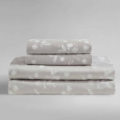 Calvin Klein - Queen Bed Sheets, Silky Smooth Sateen Cotton Bedding Set with Deep Pockets, Oeko-TEX Certified (White Flowers Beige, Queen)
