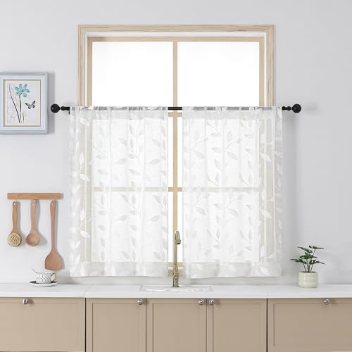 "Chyhomenyc White Short Sheer Curtains 36 Inch Length - Light Filtering Linen Blend Small Half Window Curtains, Embroidery Leaf Pattern Curtain for Kitchen Bathroom Basement, 30"" Wx36 L, 2 Panels"