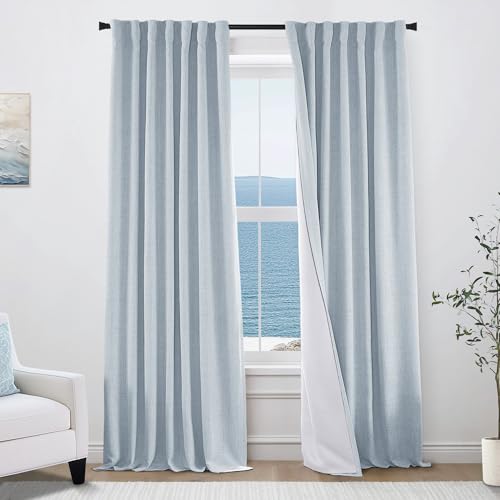 "Light Blue Linen Blackout Curtains for Bedroom, 84"" L Coastal Summer Light Blocking Thermal Insulated Drapes, Pleated Grand Millenial Drapery Panels, Set of 2"