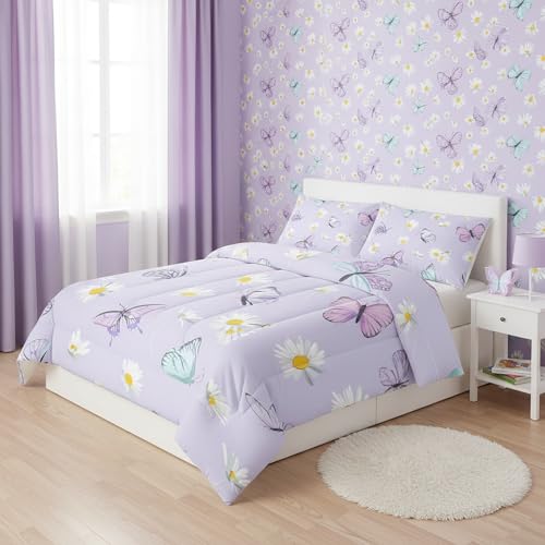 QOOMO Butterfly Comforter Set for Kids Teens Girls Women,Daisy Kids Comforter Comforter with 2 Pillowcase, Microfiber 3 Piece Bedding Set,for All Seasons(Purple???King Size)