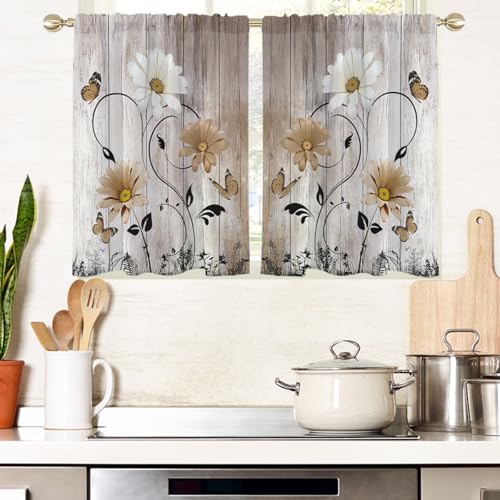"AAtter Brown Floral Kitchen Curtains, 27.5"" W x 39"" L, 2 Panels Rod Pocket - Tan and White Rustic Window Drapes, Farmhouse Country Flower, Cute Vintage Daisy Butterfly, Retro Small Short Bathroom Tiers"