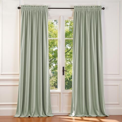 Lazzzy Green Velvet Curtains Blackout Thermal Insulated Curtains 96 Inch Long Window Drapes for Bedroom Living Room Super Soft Luxury Rod Pocket Window Treatment 2 Panels, Grey Sage