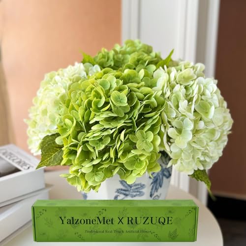 YalzoneMet Hydrangea Artificial Flower Natural Lifelike Real 21inch Latex Long Stem 2 Light Green+2 Dark Green Hydrangea Flower Bouquets for Home Party Outdoor Wedding Table Centerpiec Decor