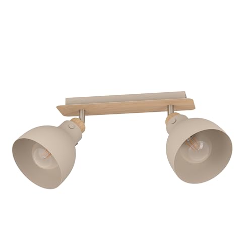 Eglo Ceiling Light Fixture Arrecife, 2-Flame Swivel Spots Ceiling lamp, Sand-Coloured Metal and Natural Oak Wood, Spotlight bar, Living Room Lighting, E27 Socket