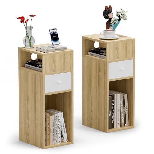 VOUNOT® Slim Bedside Table Set of 2, Narrow Wood Bedside Cabinet with Drawer and Open Shelf, Small Bedside Unit, Thin Nightstand for Bedroom, Living Room, Natural