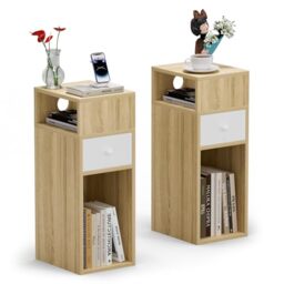 VOUNOT® Slim Bedside Table Set of 2, Narrow Wood Bedside Cabinet with Drawer and Open Shelf, Small Bedside Unit, Thin Nightstand for Bedroom, Living Room, Natural