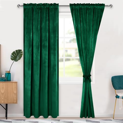 Hiasan Green Velvet Curtains 84 inches-Blackout Thermal Insulated Solid Soft Curtains for Bedroom Living Room Rod Pocket Room Darkening 2 Panels Window Drapes with Tiebacks, 42W x 84L