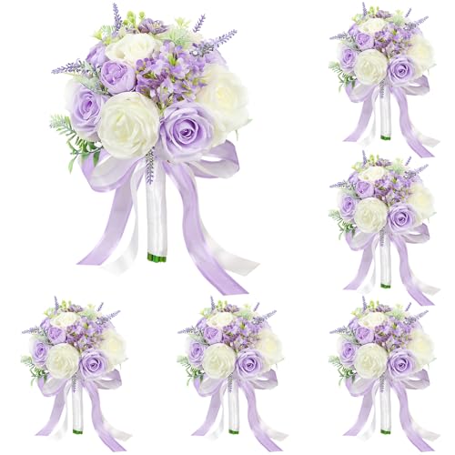 HOMENERGY Set of 6 Bridesmaid Bouquets for Wedding - 7 Inch Artificial Flowers Bouquets for Ceremony Anniversary Centerpieces Decorations - Dusty Purple