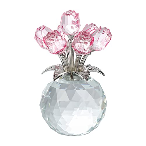 Pink Rose Flower Crystal Figurine with Vase, Bouquet Flowers Ornament Gifts for Wife Girlfriend Women, Handmade Crystal Flower Collectible Home Table Decor for Valentine's Day Wedding Anniversary