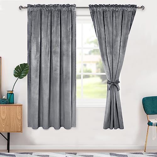 Hiasan Grey Velvet Curtains 63 inch Blackout Rod Pocket Thermal Insulated Soft Curtains Room Darkening Window Drapes with Tiebacks for Bedroom Living Room, Set of 2 Panels, 52W x 63L