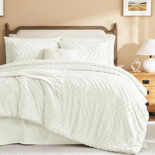 Litanika Ivory Twin XL Comforter Set - 5 Pieces Boho Tufted Bed in a Bag - College Dorm Girls Boys Fluffy Lightweight Neutral Soft Warm Chevron Tufted Bed Set
