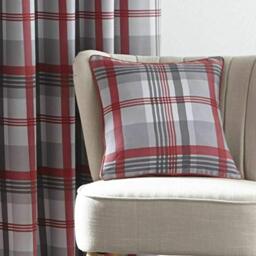 "Portfolio Orleans Check Striped Fully Lined Eyelet Ring Top Curtains - Red Grey 46"" Wide x 72"" Drop"