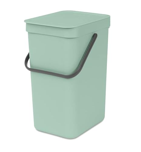 Brabantia Sort & Go Waste Bin 12L (Jade Green), Space-Efficient Plastic Recycle Container with Handle, Removable and Stay-Open Lid, Easy to Clean Kitchen Bin without Nooks and Rims