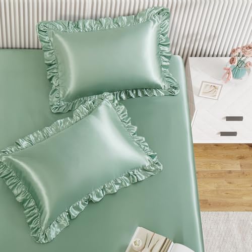 Homiest 2-Pieces Ruffle Pillow Case & Satin Fitted Sheet Set, Sage Green Twin Satin Sheets with Ruffled Pillow Shams, 15 Inch Deep Pocket, Cute & Coquette Silk-Like Bed Set for Decorating Bedroom
